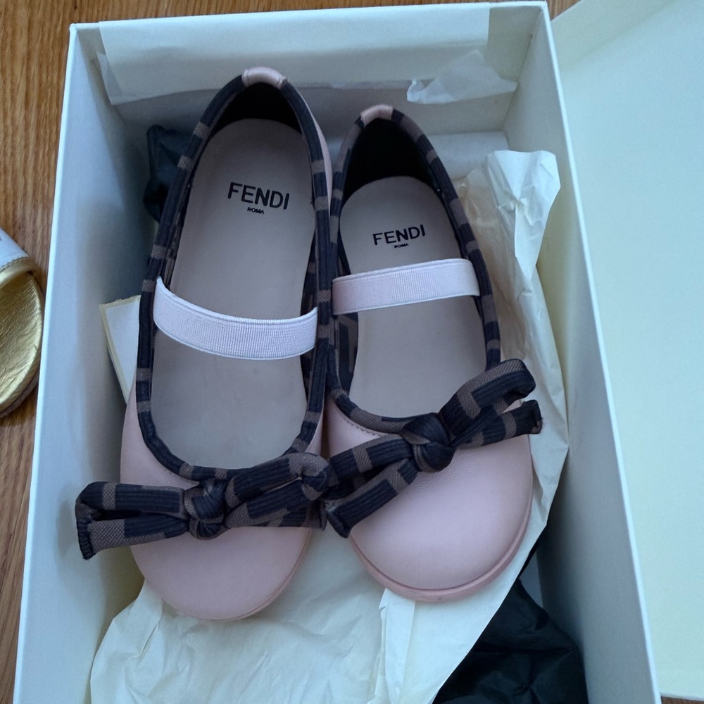 Fendi Kids Pink and Black Checkered Bow Flats